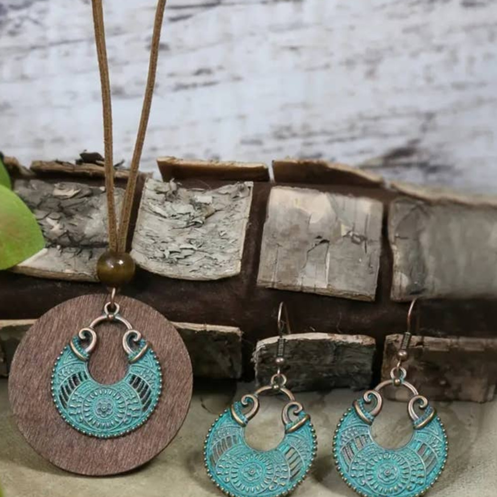 3-Pack of Vintage-Style Wooden & Copper Charm Earrings &‎ Necklace Set